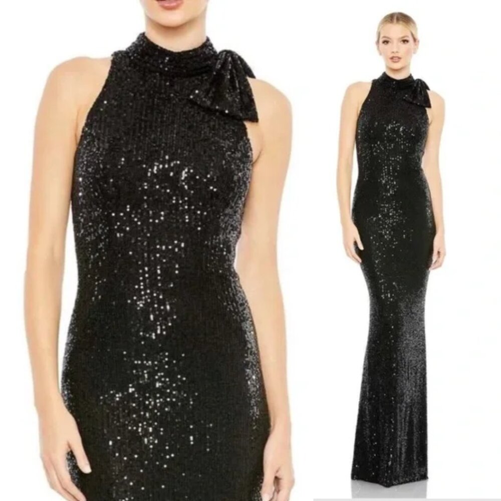 Mac Duggal 11280 Size 2 Black Sequin Long Column Gown Maxi Dress‎ With Bow